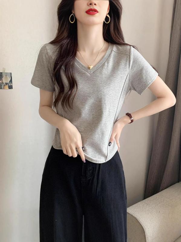 女性用 Tシャツ 綿 Vネック 半袖 短丈 修身 スリム 体型カバー セットアップ トップス 気質 通勤 快適 休闲 白色 黒 杏色 95% 以上 純色 セット ヘッド タイプ U 型 裾 不規則 デザイン 2025 夏 シーズン S M L XL XX