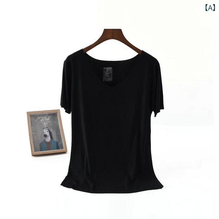 Rakuten - Tシャツ レディース Vネック 短袖 インナー 無痕 弾力 綿 純色 薄手 修身 ソフト 気質 通勤 快適 休闲 黒 灰 黄色 白色 藕粉 灰緑 コーヒー 卡其 夏 青年 居家