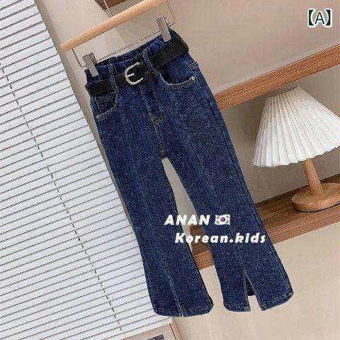 キッズ 牛仔パンツ 男の子 女の子 長ズボン 春秋 デニム 綿素材 柔軟加工 開き 喇叭 シルエット ミッドライズ ラフ スタイル ブルー ブラック 伸縮性 軽量 普段使い 学校 通学