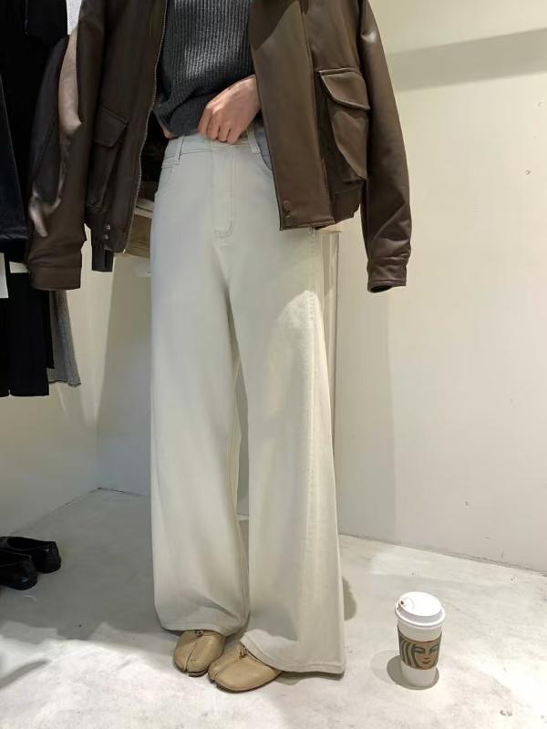 Capri Pants - レディース デニムパンツ 直筒 長ズボン 高腰 洗い加工 綿 ストレッチ 米白 シンプル 日常使い 百搭 スリム カジュアル 快適 口袋 春季 日韓風 微弾力 90%綿 10%スパンデックス