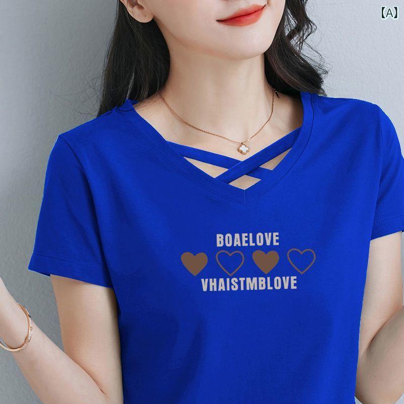 Tシャツ レディース Vネック 短袖 綿 100% 幾何学柄 プリント セットインスリーブ ゆったり ルーズフィット スタイルアップ 夏 白色 黄色 黒 クライン ブルー 通勤 気質 トップス 女性用 かわいい デザイン 日常使い