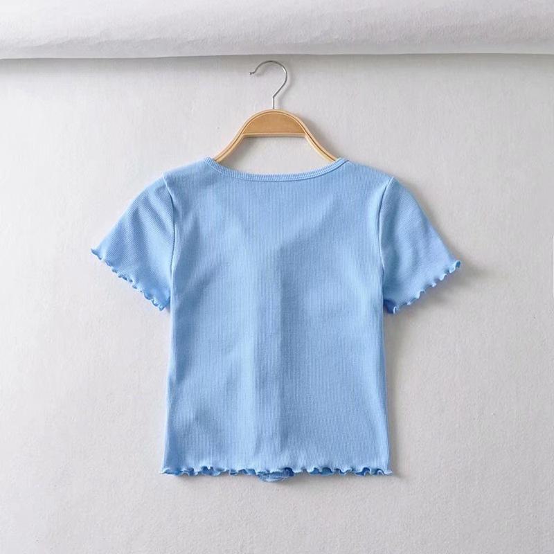 Tシャツ レディース 開衫 短袖 修身 木耳縁 V領 ボタン 綿混紡 麻混紡 純色 清新風 かわいい ブラック グリーン ピンク ホワイト 夏 軽量 通勤 普段使い