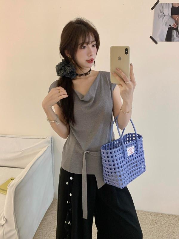 乐天商城 - ニット トップス レディース 夏 韓国風 シンプル ラウンドネック リボン 三分袖 針織 裾切り替え 腰紐 不対称 デザイン ブラウス ブラック 杏色 灰色 ゆったり シルエット 軽量 伸縮性 快適 普段使い 通勤 デイリー ファッション