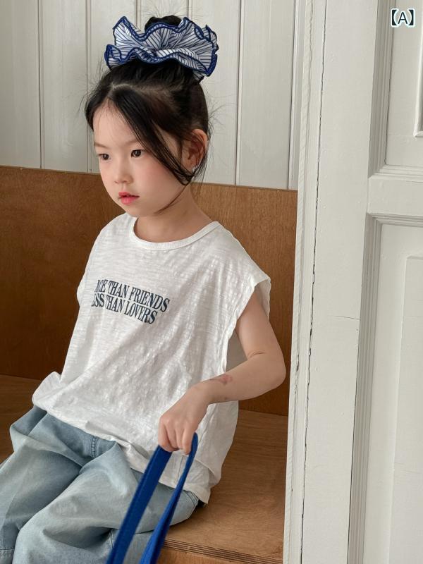 ・カテゴリ: 童Tシャツ・スタイル: 韓版・主な素材: 綿90%・袖丈: 無袖・ネックライン: 丸首・柄: 字母、プリント・カラー展開: 白色、緑色・サイズ展開: 90cm、100cm、110cm、120cm、130cm、140cm・機能: 吸湿排汗