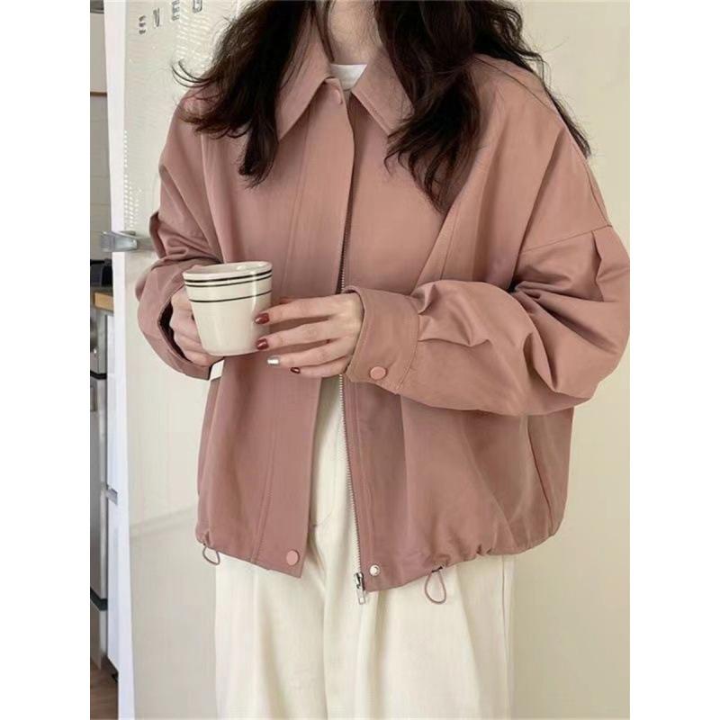 Other - レディース ジャケット 復古 スタンドカラー ルーズフィット 抽绳 裾 ショート コート 気質 通勤 都市風 腈纶 95% 以上 中厚 長袖 普通 丈 50-65cm 杏 卡其 粉 春季 做旧 加工 非アイロン