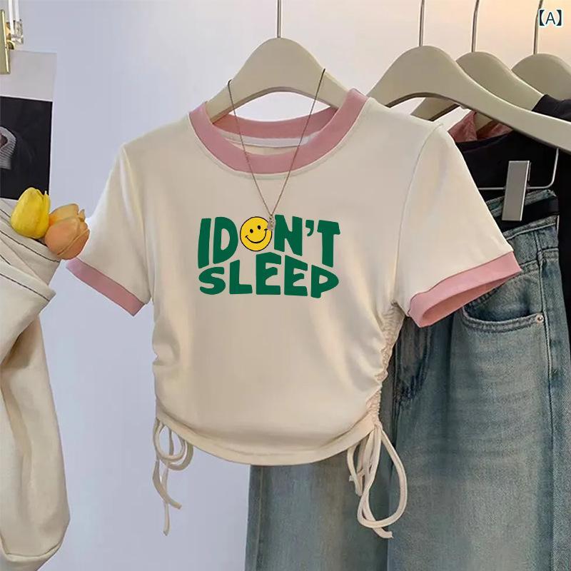 Other - 女の子 Tシャツ 短袖 トップス 韓系 修身 デザイン 褶 抽绳 上衣 綿 柔軟 吸湿排汗 丸首 杏 夏 春 秋 かわいい 普段使い 遊び着 中大童 女児 子供服 シンプル 快適 日常 カジュアル
