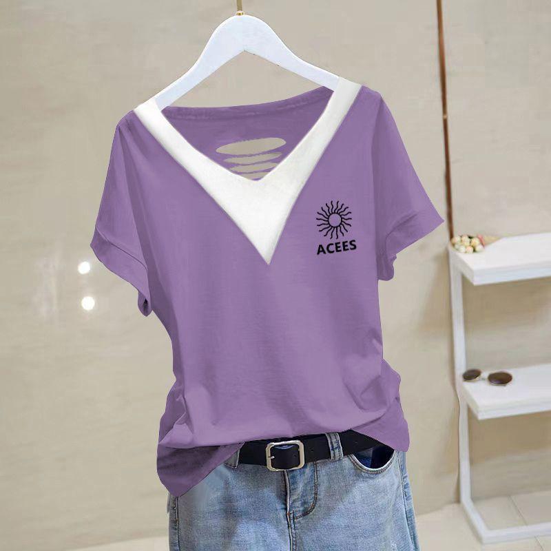 Rakuten - Tシャツ レディース 女性用 Vネック 短袖 綿 コットン トップス 夏 春夏 ピンク 紫 緑 ブラウン ブラック 幾何学柄 プリント ルーズ ゆったり スリム 痩せ 気質 通勤 風 気質 通勤 通勤風 百搭 汎用 韓国風 洋気 欧米風 気質 通勤 風