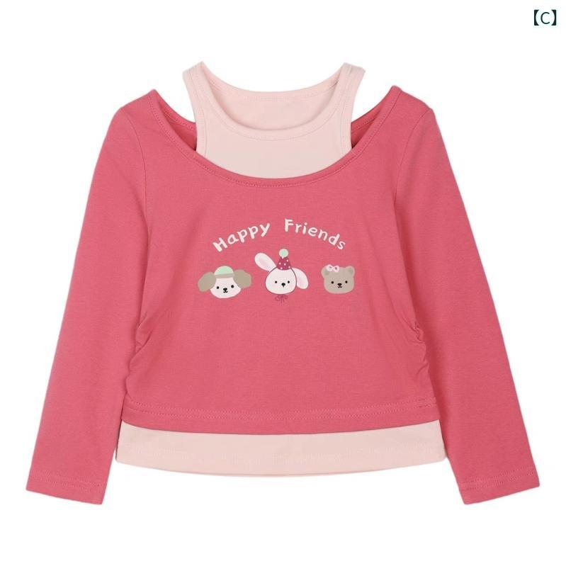 女の子 長袖 Tシャツ 偽ツーピース 秋 トップス 綿 柔らかい 吸湿速乾 丸首 ベビー...