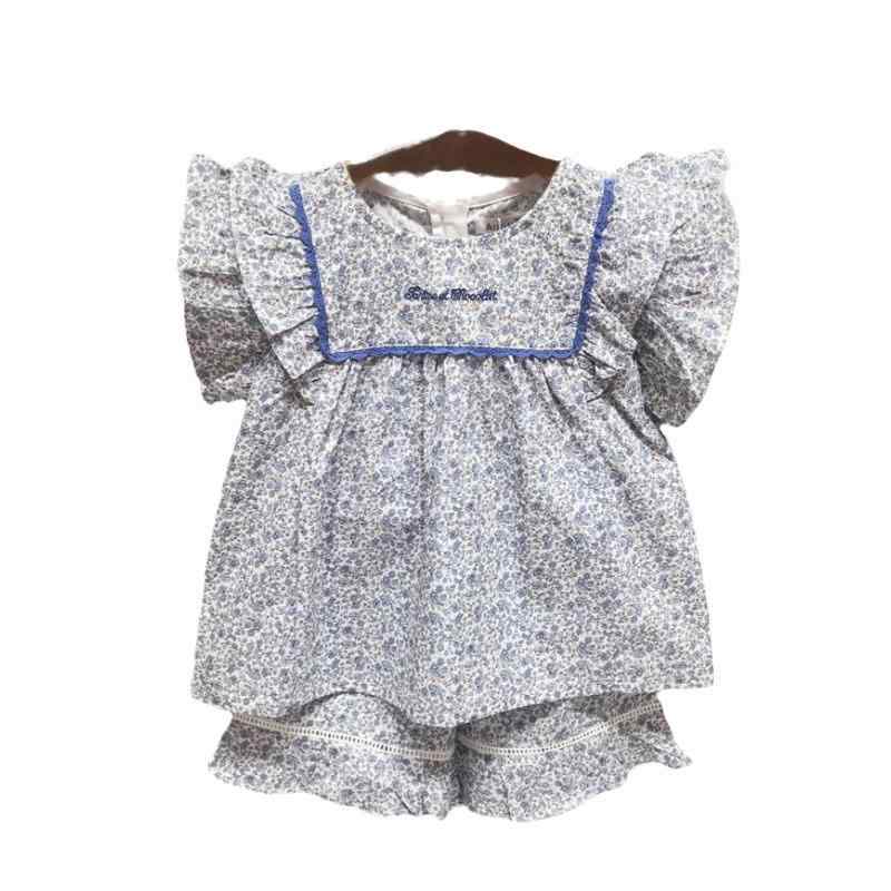 女の子 トップス ショートパンツ セット 綿 素材 花柄 無袖 フレアスリーブ 薄手 ...