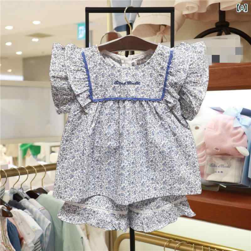 女の子 トップス ショートパンツ セット 綿 素材 花柄 無袖 フレアスリーブ 薄手 ...