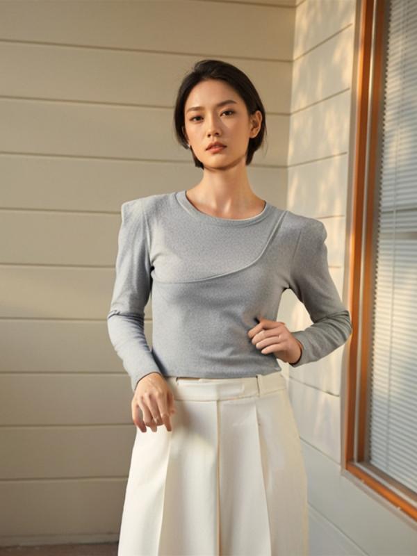 乐天商城 - Tシャツ レディース 春新作 シンプル ファッション 長袖 丸首 切り替え 肩パッド 修身 偽ツーピース トップス 黒 灰 白 純色 ニット ポリエステル 日常 通勤 ストリート 柔らか 快適 デイリー 着こなし レイヤード 韓国風