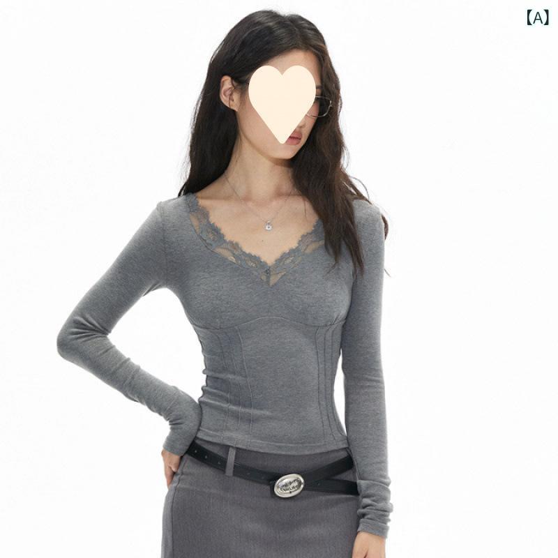 Vネック トップス レディース 長袖 Tシャツ インナー 打底 灰 黒 綿 ポリエステル 修身 普通丈 露脐 韓系 春季 日韓スタイル プリント ..