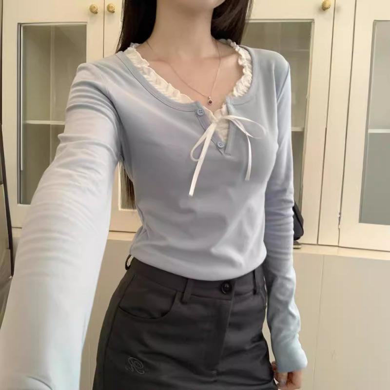 Vネック Tシャツ レディース 修身 秋冬 インナー 裏起毛 暖か 長袖 短め トップス プルオーバー ポリエステル 無地 スリムフィット 少女風 甘め 清新 スタイル ネイビー ライトブルー 接触冷感 吸湿速乾 ライトウェイト 50cm-65cm 長さ