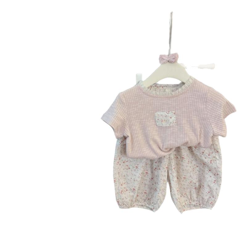 女の子 Tシャツ トップス キャミソール 無袖 半袖 シャツ 半ズボン 七分丈パンツ 灯籠パンツ セットアップ 子供服 キッズ 女児 3-8歳 夏服 夏 春夏 綿 コットン 柔らか素材 普通厚 カードプリント カートゥーン柄 花柄 プリント柄 花びら柄