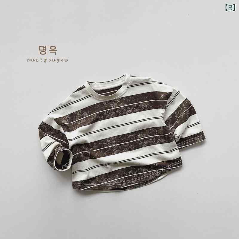 キッズ Tシャツ 男の子 女の子 長袖 丸首 コットン 100% 条紋柄 韓国風 個性派 ト...