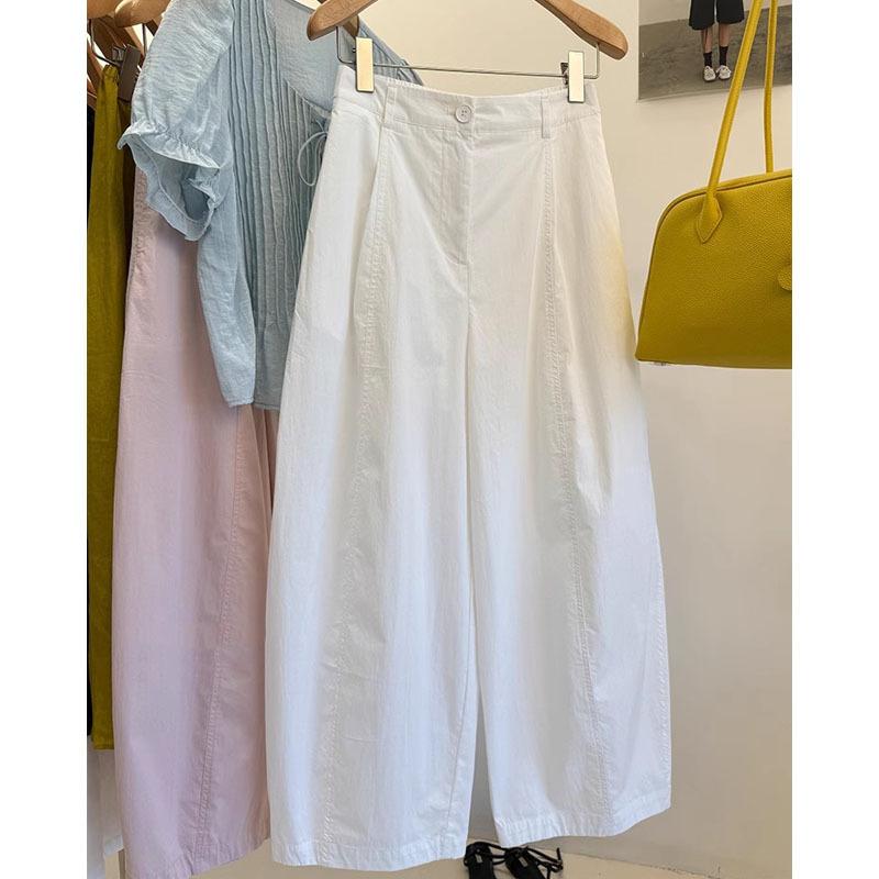 乐天商城 - レディース 九分パンツ 夏 2025 ファッション ゆったり ワイドレッグ クロップドパンツ デザイン 韓国風 直筒 ハイウエスト 中厚 コットン ポリエステル 混紡 白 ピンク グレー デイリー スタイル