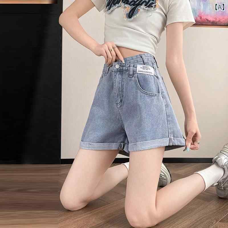 Capri Pants - デニム ショートパンツ レディース ワイドレッグ Aライン 牛仔 短パン 高腰 直筒 3分丈 ラジー スリム 通勤 スタイル 綿素材 無弾力 中厚 ジッパー 春季 ブルー 黒 気質 普段使い 軽量 伸縮なし 免燻処理 外穿 潮流 韓国風