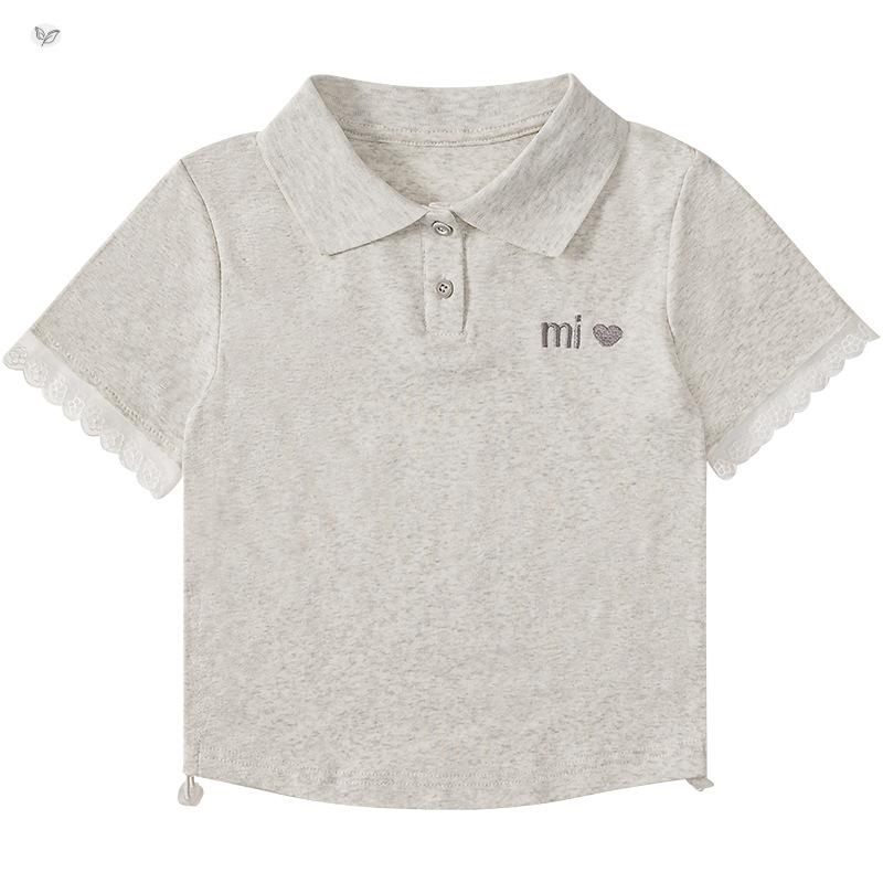 樂天商城 - 女の子 ポロシャツ 短袖 Tシャツ 夏服 大きめ子供 短丈 レース 花辺 上衣 修身 半袖 休闲 綿 吸湿排汗 柔軟 花柄 灰 黒 120cm 130cm 140cm 150cm 160cm 170cm