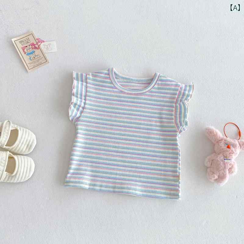 女の子 Tシャツ 背带裤 セット 夏 子供服 短袖 ストライプ 刺繍 クマ柄 透気 綿 柔らか素材 紫 ピンク クリーム デニム かわいい 韓風 3-8歳 100-140cm