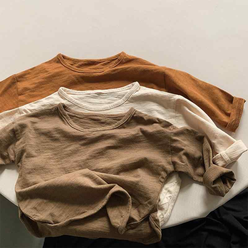 キッズ Tシャツ 男の子 女の子 竹節綿 長袖 トップス ベビー インファント 春秋 保暖 丸首 コットン 100% 快適 柔らかい 純色 米 焦糖 軍緑 普段使い シンプル カジュアル