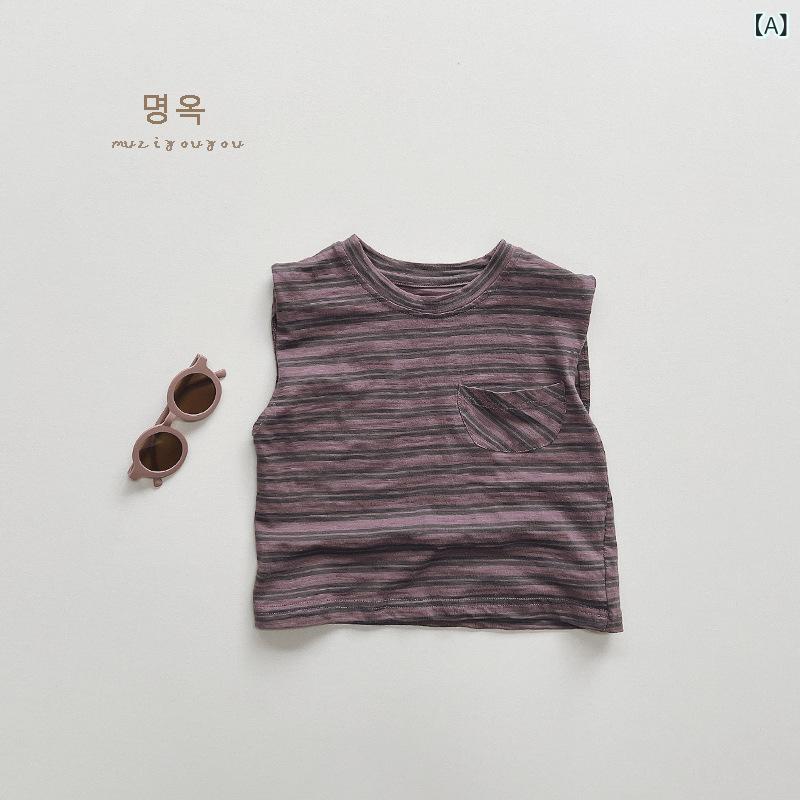 ・カテゴリ: 童Tシャツ・スタイル: 韓国版・主な素材: 綿100%・袖丈: 無袖・ネックライン: 丸首・柄: ストライプ・カラー展開: 灰紫条、杏灰条・サイズ展開: 80cm、90cm、100cm、110cm、120cm、130cm