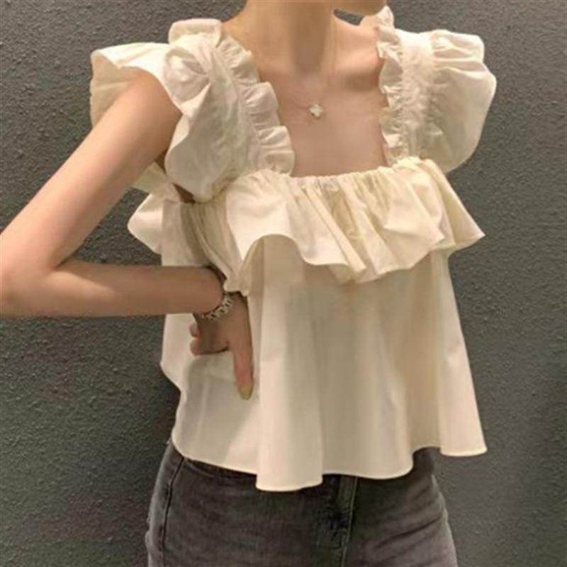 Rakuten - シャツ トップス 女性用 方領 鎖骨見せ 切り替え フリル フレア袖 短袖 ゆったり 飛ぶ袖 純色 ポリエステル 短丈 韓国風 日韓カジュアル 快適 ユニセックス セットアップなし 白 卡其 春夏