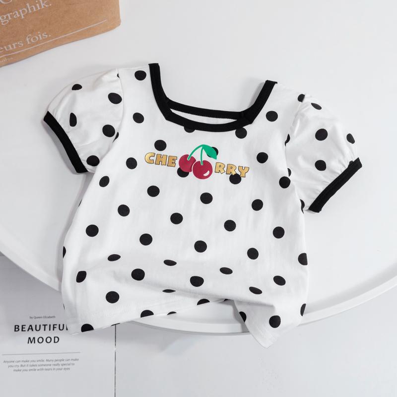 女の子 Tシャツ 短袖 綿 トップス 夏 女児 ベビー 服 かわいい 印花 波点 黒 方領 吸汗 柔軟 素材 1-3歳 3-8歳 新生児 帽子 取り外し 可能 洋気 カジュアル スタイル 日常 遊び着