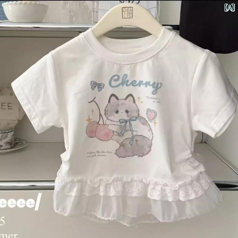・カテゴリ: 童Tシャツ・スタイル: 韓版・主な素材: 綿90-95%・袖丈: 短袖・ネックライン: 丸首・柄: 卡通・カラー展開: 卡通小猫・サイズ展開: 100、110、120、130、140・機能: 吸湿排汗・要素: 卡通、可愛い、花边、プリンセス