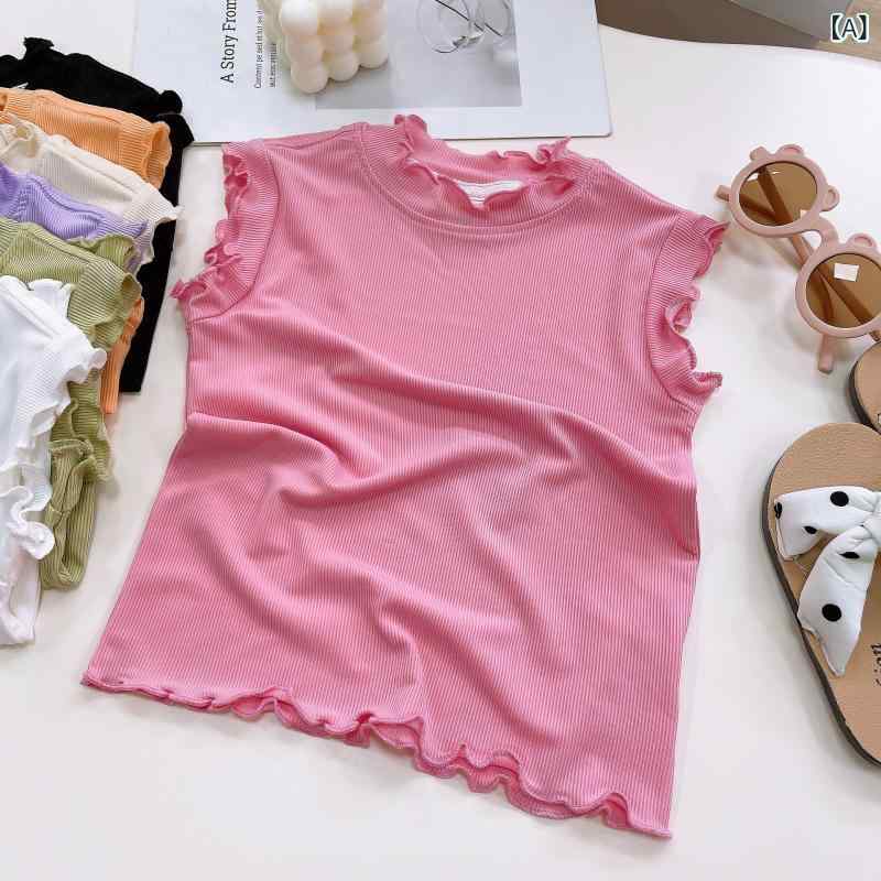 女の子 Tシャツ 夏 無袖 トップス 花辺 ベビー 軽薄 透気 吸湿排汗 モダール 柔軟 素材 丸首 ピンク 白 緑 色 3-8歳 日常 遊び着 カジュアル スタイル かわいい デザイン 通気性 良い 夏服