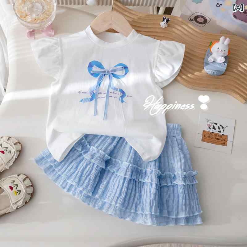 女の子 夏服 セット トップス スカート 蕾丝 蝶結び フリル袖 プリーツ 半袖 綿素...