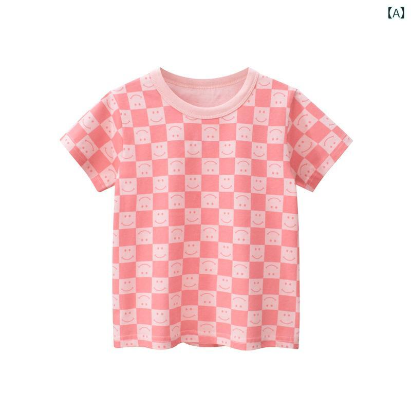 女の子 トップス 短袖 Tシャツ 笑顔 プリント 綿100% 柔らかい 生地 丸首 ピンク ...