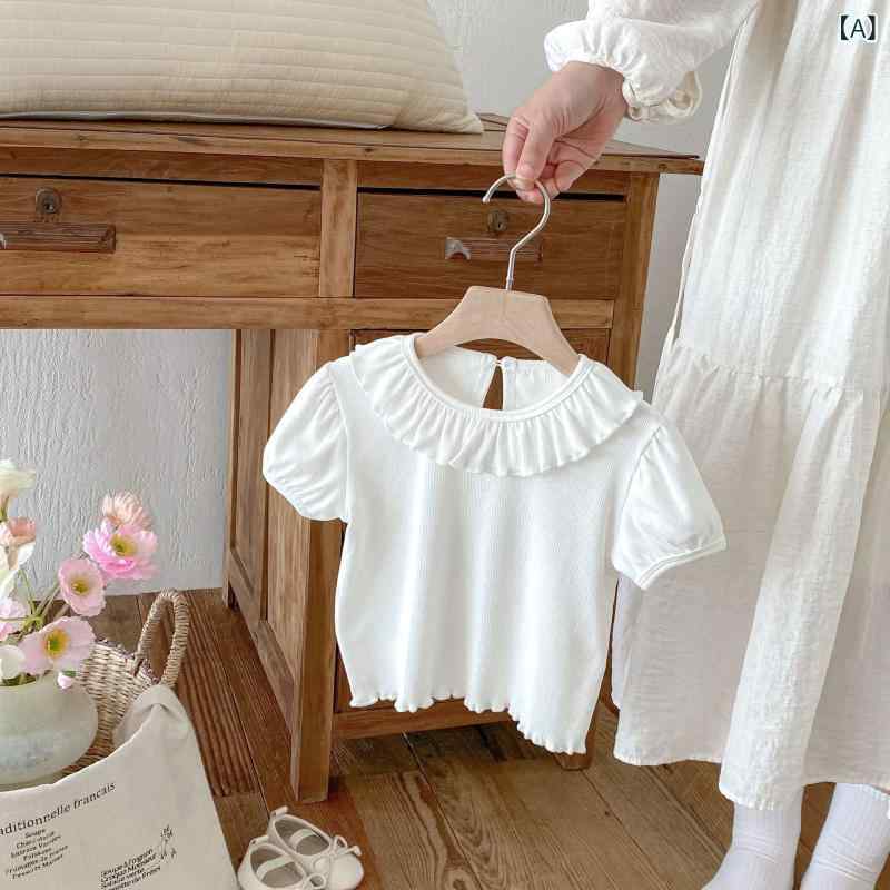 女の子 Tシャツ 夏 短袖 翻領 条紋 泡泡袖 かわいい プリンセス 綿 吸湿排汗 柔軟 加工 白色 ピンク 彩色 80-130cm 80cm 90cm 100cm 110cm 120cm 130cm 普段使い 遊び着 トップス 洋服 子供服 女児 トッ