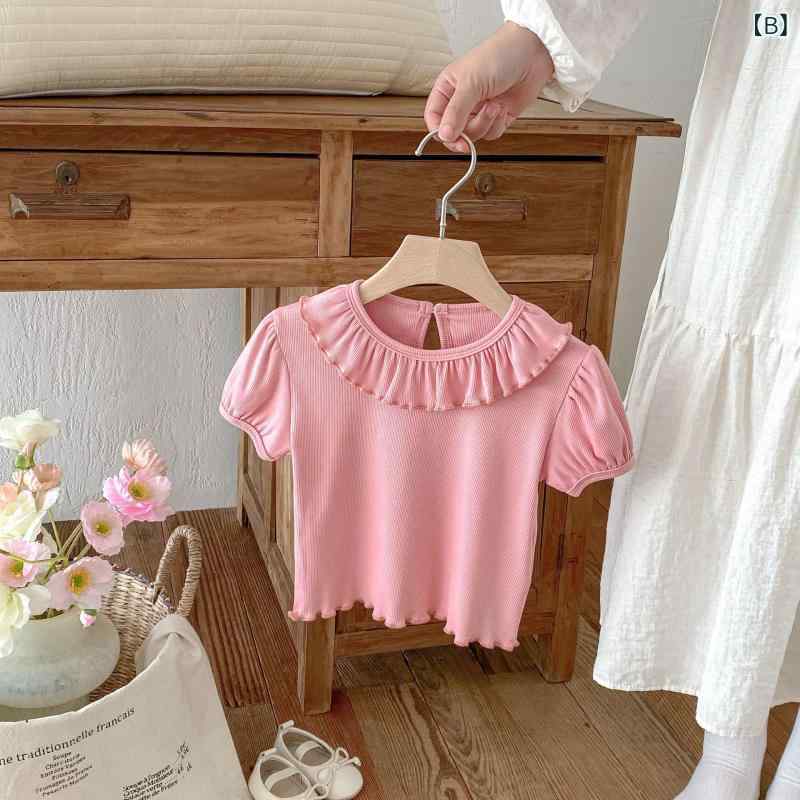 女の子 Tシャツ 夏 短袖 翻領 条紋 泡泡袖 かわいい プリンセス 綿 吸湿排汗 柔軟 加工 白色 ピンク 彩色 80-130cm 80cm 90cm 100cm 110cm 120cm 130cm 普段使い 遊び着 トップス 洋服 子供服 女児 トッ 2
