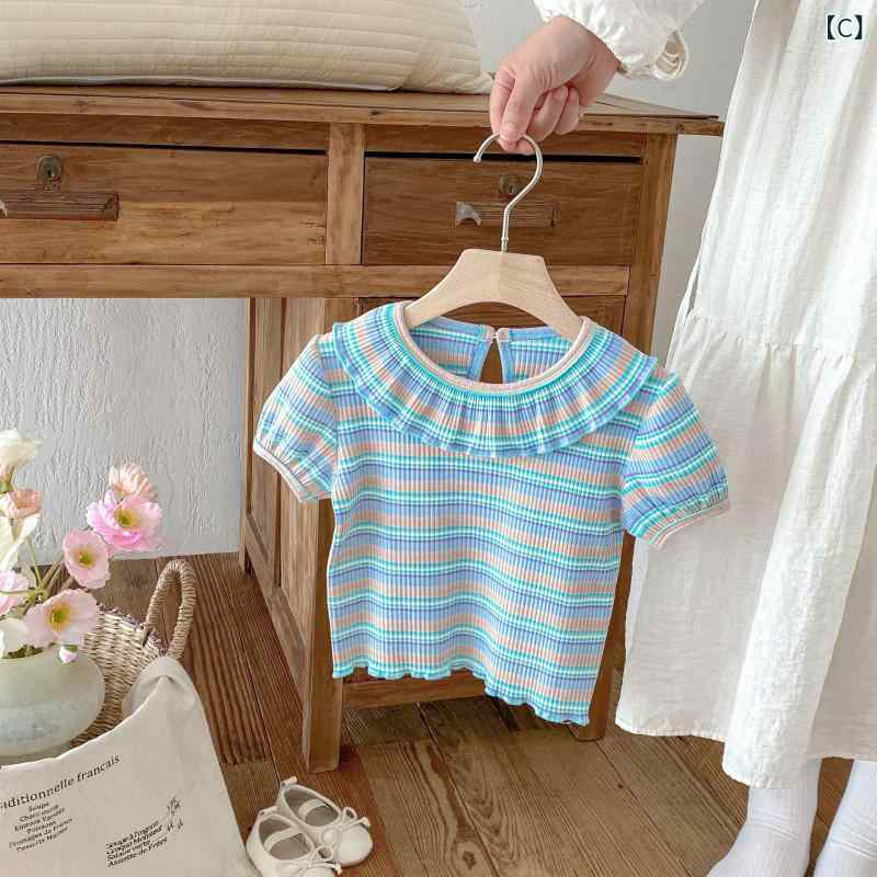 女の子 Tシャツ 夏 短袖 翻領 条紋 泡泡袖 かわいい プリンセス 綿 吸湿排汗 柔軟 加工 白色 ピンク 彩色 80-130cm 80cm 90cm 100cm 110cm 120cm 130cm 普段使い 遊び着 トップス 洋服 子供服 女児 トッ 3