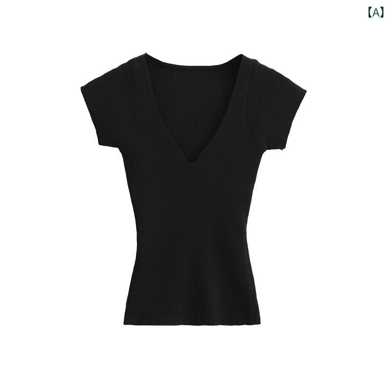 Tシャツ レディース 女性用 Vネック フレアスリーブ 短袖 コットン ニット ピンストライプ 修身 フィット 短丈 トップス ブラック ピンク かわいい 韓国風 街頭スタイル トレンド 春夏 綿素材 伸縮性 軽量 デイリー 普段使い フェミニン カジュ
