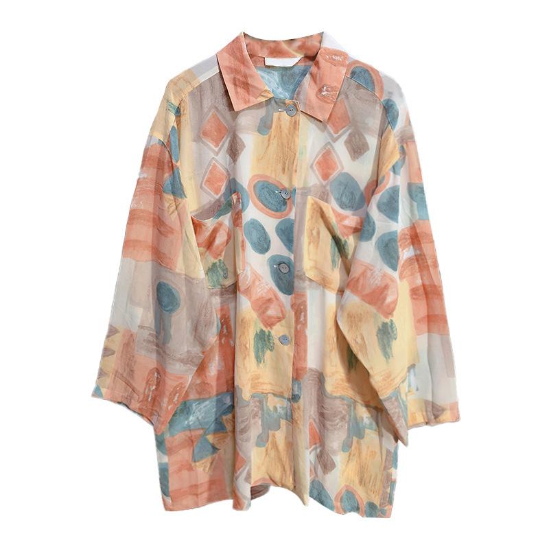 Other - レディース シャツ トップス 復古 風 日系 開衫 長袖 切り替え 修身 型 加長 款 POLO 領 花柄 プリント 気質 通勤 秋 ポリエステル 花色