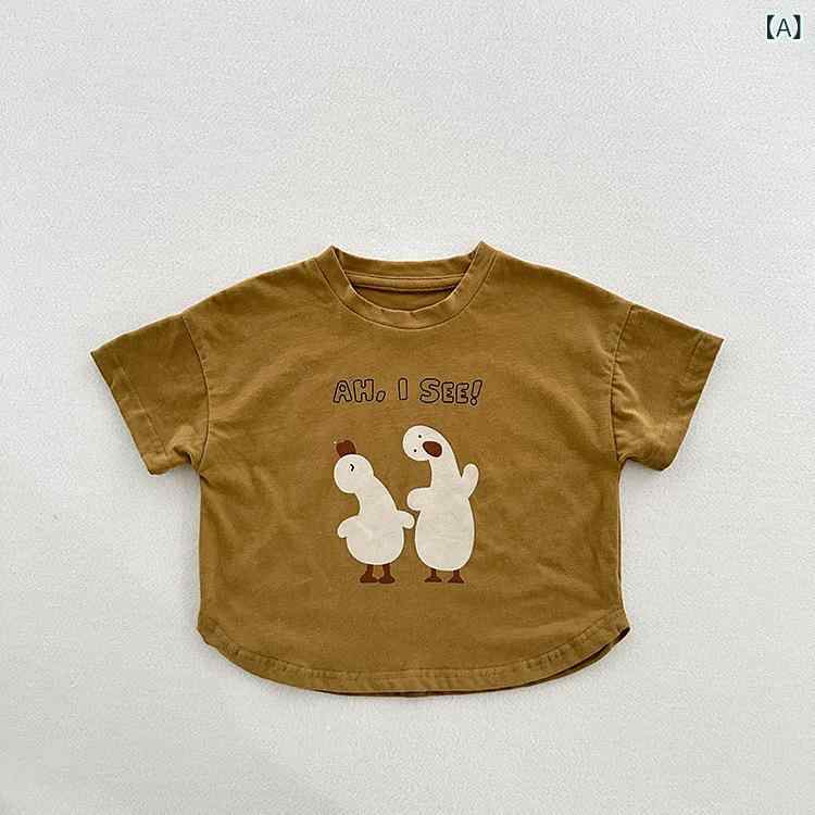 ・カテゴリ: 童Tシャツ・スタイル: 韓版・主な素材: 綿100%・袖丈: 短袖・ネックライン: 丸首・柄: 卡通・機能: 柔軟・カラー展開: 土黄色、素白色・サイズ展開: 80、90、100、110、120、130
