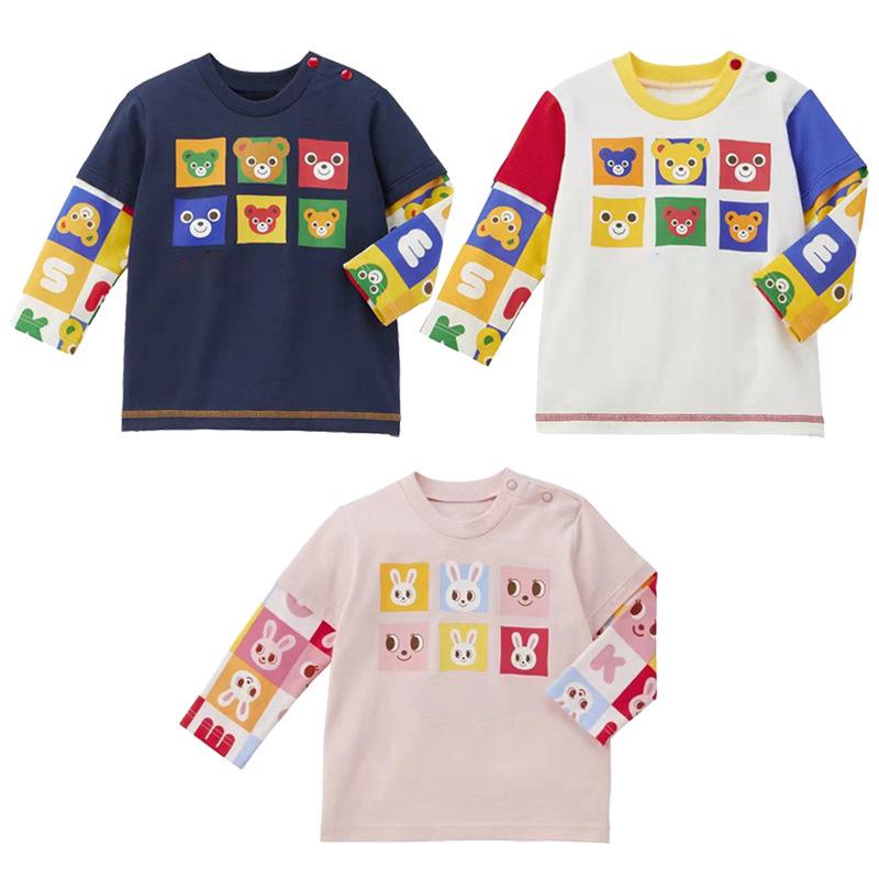 キッズ トップス 長袖 Tシャツ 偽ツーピース 男の子 女の子 綿 素材 丸首 丸襟 カラフル クマ柄 消しゴムパズル プリント 抽象柄 アル..