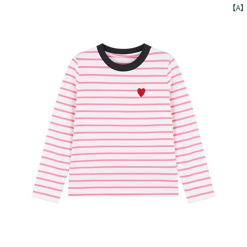 女の子 Tシャツ 長袖 春季 ピンク ライトブルー 韓国風 修身 切り替え 条紋 ハート ラウンドネック トップス ユニセックス ストリートファッション コットン 柔らかい 日常使い