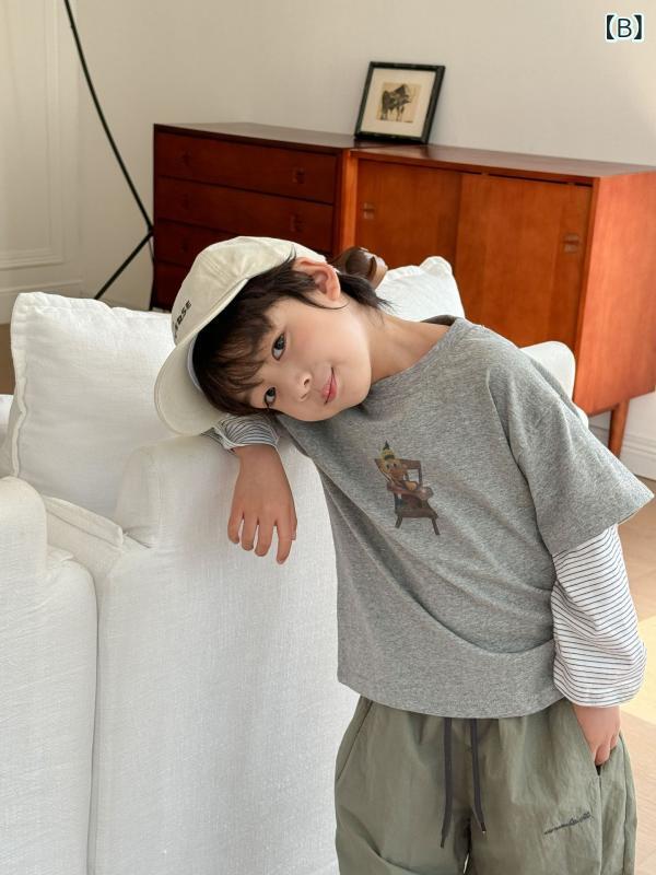 キッズ トップス 男の子 女の子 長袖 切り替え 偽ツーピース Tシャツ 春夏 中小童 ...