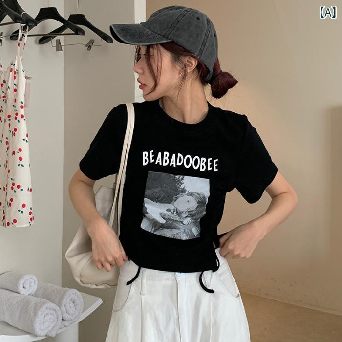 Other - Tシャツ レディース 短袖 韓国風 サイド ドローストリング 肩上 トップス プリント 修身 スリム 短丈 コットン 素材 90% 以上 丸首 セットインスリーブ 不対称 プリント プリーツ ドロー 夏 黒 白 灰 藍 色 日韓 スタイル 快適 休闲 ス
