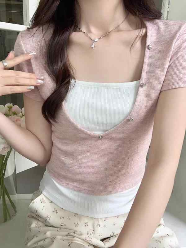 乐天商城 - Tシャツ レディース 短袖 春夏 ピンク ブルー 半開き襟 切り替え フェイクツーピース 修身 短丈 方領 ハンサムスタイル 私服 ナチュラル かわいい トップス インナー 普段使い カジュアル