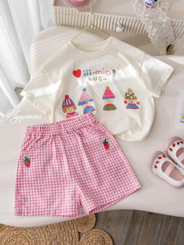 女の子 トップス 短パン セット 夏服 韓国風 印花 短袖 Tシャツ 田園風 草莓刺绣 ...