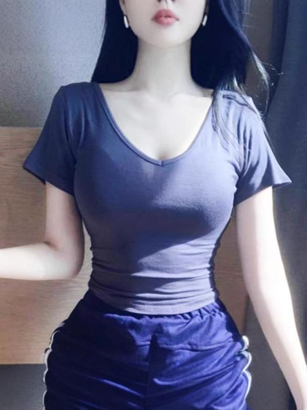 Tシャツ レディース 春夏 女性用 Vネック 修身 短袖 薄手 透け感 綿 スパンデックス 混紡 純色 セットアップ風 日韓 カジュアル トップス フィット スタイル 気質 百搭 白色 ピンク 黒 短丈 軽量 通勤 普段使い デート