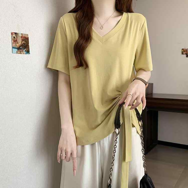 樂天商城 - Tシャツ レディース 大きいサイズ 短袖 Vネック 純色 綿素材 ゆったり ゆったり風 褶皱 夏 黄色 白色 黒 日常使い 普段着 部屋着 快適 軽量 通気性 伸縮性
