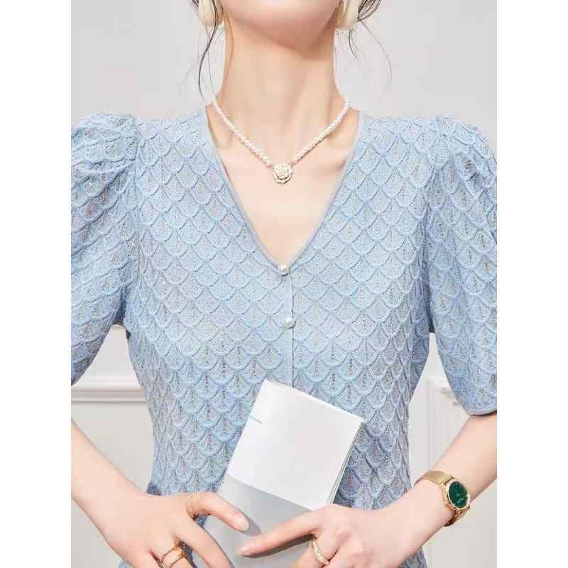 Other - レディース トップス 短袖 シャツ 接触冷感 ニット ハングネック フレア袖 ストーン刺繍 かわいい 小香風 都市風 通勤 気質 スタイル 夏 服 白色 ピンク ブルー 軽量 吸湿速乾 柔らかい 肌触り 爽やか デザイン