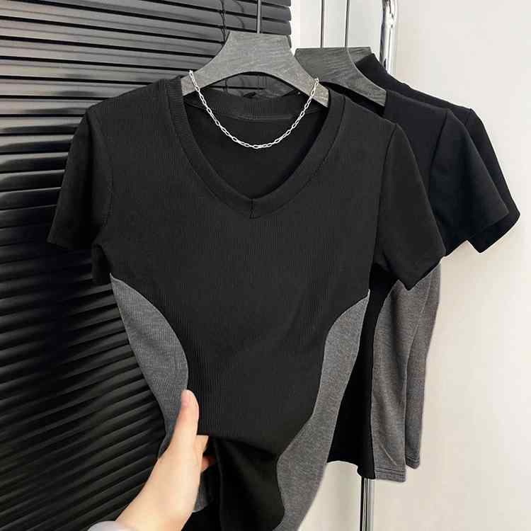 Tシャツ レディース Vネック 短袖 コントラストカラー 春夏 修身 韓国風 腹部カバー スリム インナー トップス 黒 灰 涤纶 セットアップ 快適 休闲 日常使い