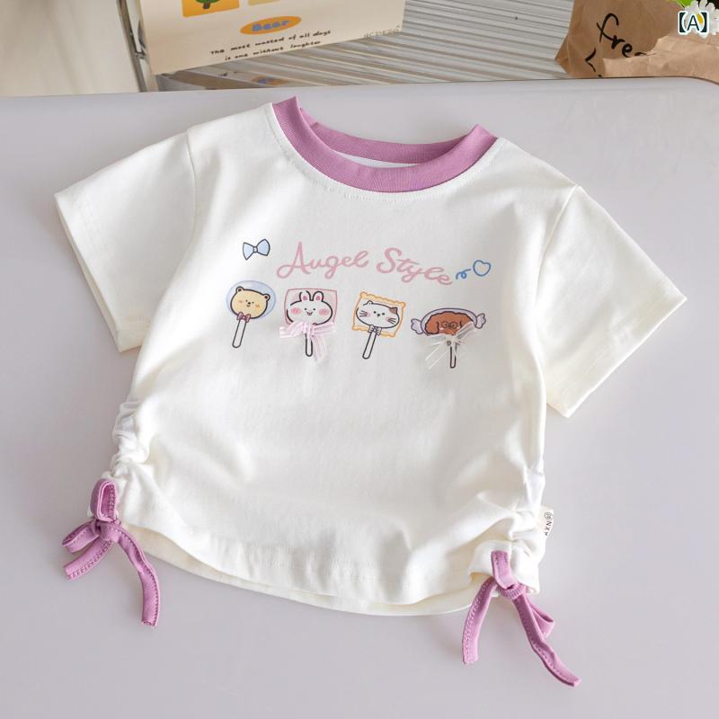・カテゴリ: 童Tシャツ・スタイル: 韓版・袖丈: 短袖・主な素材: 聚酯纤维（涤纶）51%〜70%・ネックライン: 圆领・柄: 卡通、字母・要素: 田园、可愛、印花、拼色・カラー展開: 深粉色、清新藍・サイズ展開: 90、100、110、120、130・対象年齢: 中小童(3〜8歳)・機能: 吸汗