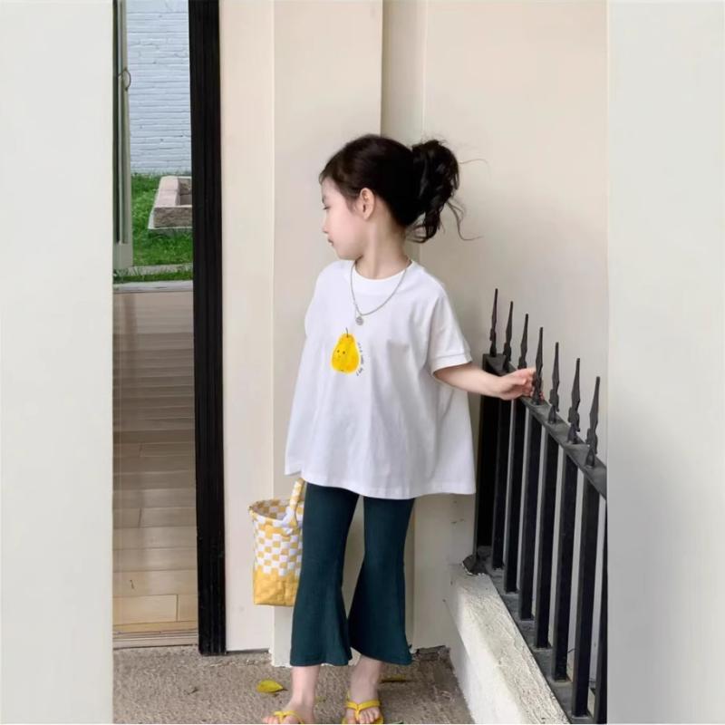 女の子 Tシャツ セット 夏季 短袖 トップス ワイドパンツ 2点セット 韓風 トレンド 綿素材 柔らか 薄手 純色 かわいい 梨子色 隠し青 90cm 100cm 110cm 120cm 130cm 140cm 日常着 遊び着 通学着 3-8歳