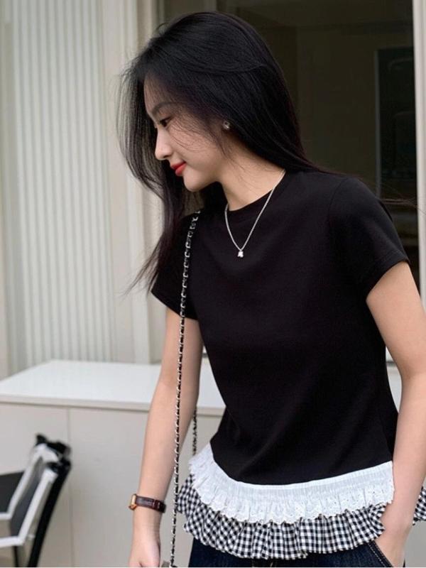 Tシャツ レディース 夏 黒 デザイン レース 花辺 丸首 短袖 切り替え 修身 トップス 通勤 気質 セクシー ピエス ポリエステル 立体 柄 普通丈 セット ヘッド スタイル